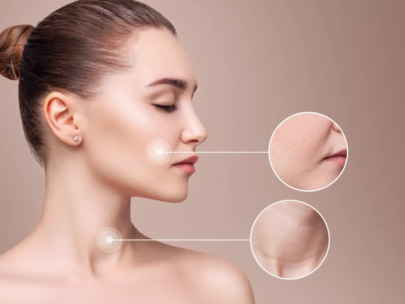 A side profile of a woman with graphic callouts showing magnified views of skin texture
