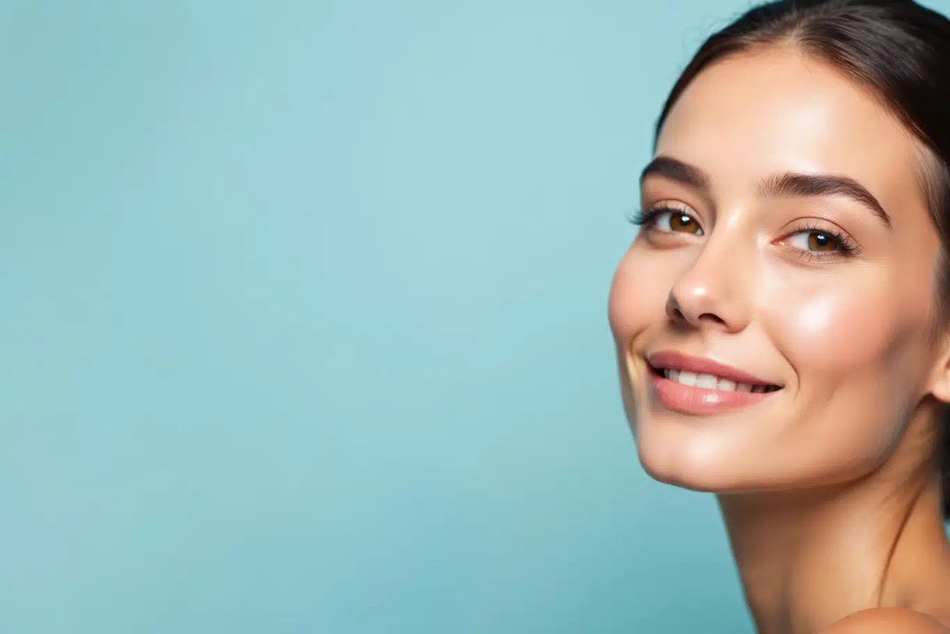 Woman restored youthful facial volume Smiling woman with clear skin smooth complexion light blue background
