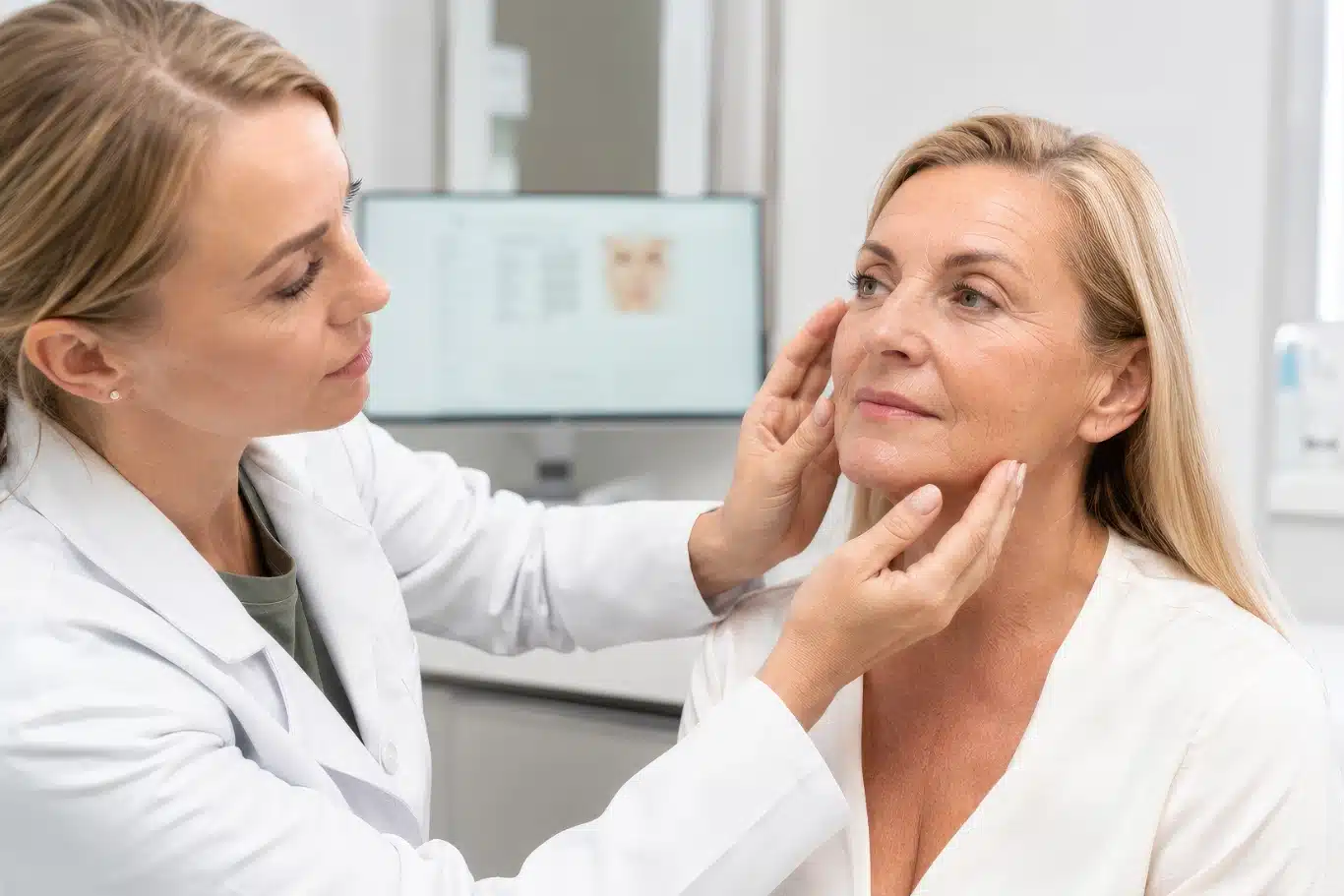 facial rejuvenation consultation doctor doctor examining mature womans facial skin during consultation